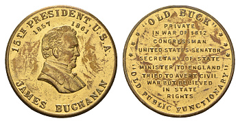 США медаль в честь Джеймс Бьюкенен, 15-го президента США (1897-1901) XX век диаметр 25 мм, вес 5,4 гр латунь 4128-934