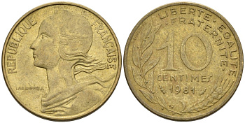 ФРАНЦИЯ 10 САНТИМОВ 1981 ТИП MARIANNE KM 929, LE FRANC 144.21 медь алюминий никель 4573-1026