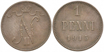 РОССИЯ ДЛЯ ФИНЛЯНДИИ 1 ПЕННИ 1915 НИКОЛАЙ II KM 13, Биткин 475 медь 4396-1444