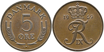 ДАНИЯ 5 ЭРЕ 1969 C; S, ФРЕДЕРИК IX (1947-1972) KM 848.1 бронза 28-1054