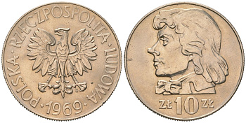 Польша 10 злотых 1969 MW, Тадеуш Костюшко KM 50a медно-никель UNC 4599-625