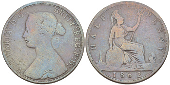 Великобритания 1/2 пенни 1862 Виктория (1837-1901) KM 748.2, Spink 3956 бронза 4543-1147