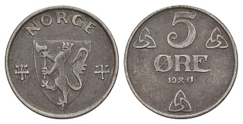 Норвегия 5 эре 1941 Хокон VII (1905-1957) KM 388 железо 4635-535