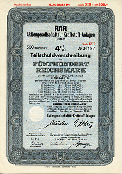 Германия 500 рейхсмарок 1941 АО топливных заводов, Дрезден, также известное как AKA, 4% частичное обязательство, облигация   бумага   8803-35-1