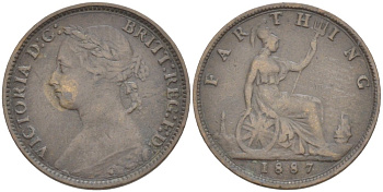 Великобритания 1 фартинг 1887 Виктория (1837-1901) KM 753, Spink 3958 бронза 4543-922
