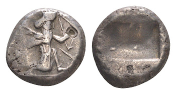 Государство Ахеменидов сикль 510-420 гг. до н.э. Дарий или Ксеркс II, Царь царей с копьем и луком/инкузное углубление, 5,51 гр Carradice Typ IIIb A/B серебро 00-812-14