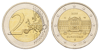 Германия 2 евро 2019 G, 70 лет Бундесрату KM 377 биметалл UNC 72-1752