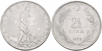 ТУРЦИЯ 2 1/2 ЛИРЫ 1973 KM 893.2 сталь 4545-311