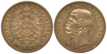 Рейсс (младшая линия) 20 марок 1881 Генрих XIV (1867-1913) J. 256, KM 80 золото 10-010-65
