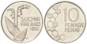 Финляндия 10 пенни 1999 M KM 65 медно-никель aUNC 96-566