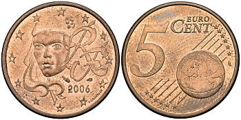 Франция 5 евроцентов 2006 KM 1284 сталь плакированная медью 540-726