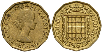 Великобритания 3 пенса 1967 Елизавета II (1952-2022) KM 900, Spink 4153 никель латунь 202-846