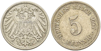ГЕРМАНИЯ 5 ПФЕННИГОВ 1907 G KM 11, J. 12, Weege 6 медно-никель 206-951