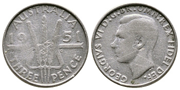 Австралия 3 пенса 1951 m, Георг VI (1937-1952), без букв KM 44 серебро 4178-236