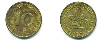 ФРГ 10 ПФЕННИГОВ 1984 J KM 108, J.383 сталь плакированная латунью 46-1446