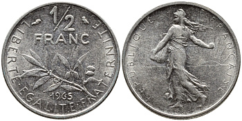 Франция 1/2 франка 1965 сеятель KM 931, Le Franc 198.3 никель 4392-462