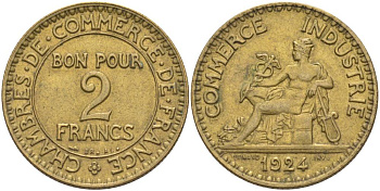 ФРАНЦИЯ 2 ФРАНКА 1924 ТИП CHAMBRES DE COMMERCE KM 877, LE FRANC 267.6 алюминиевая бронза 69-1213