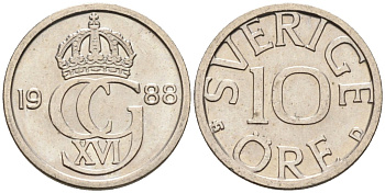 Швеция 10 эре 1988 Карл XVI Густав (1973- ) KM 850 медно-никель UNC 4585-434