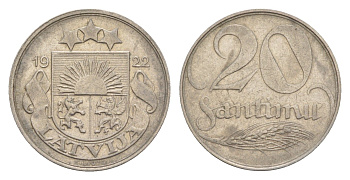 Латвия 20 сантимов 1922 год-тип KM 5 никель 4658-1243