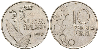 Финляндия 10 пенни 1990 M KM 65 медно-никель aUNC 99-1062