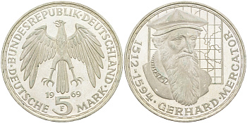 ФРГ 5 марок 1969 F, 375 лет со дня смерти Герарда Меркатора J. 400, KM 126.1 серебро 4117-235