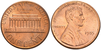 США 1 ЦЕНТ 1985 ЛИНКОЛЬН KM 201b цинк плакированный медью UNC 188-231