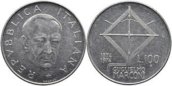 Италия 100 лир 1974 R, 100 лет со дня рождения МАРКОНИ KM 102 нержавеющая сталь 4165-132