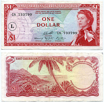 Восточно-Карибские штаты 1 доллар 1965 Британская администрация, подпись 10, серия С8, В КРУГЕ буква "L" (СЕНТ ЛЮСИЯ) Pick 13l бумага VF-XF 2197-29-3-1