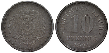 Германия 10 пфеннигов 1921 A KM 20, J. 298 железо 4119-144