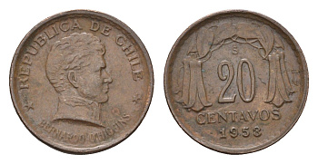 Чили 20 сентаво 1953 KM 177 медь 4689-139