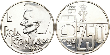 Бельгия 250 франков 1997 60 лет со дня рождения королеве Паоле KM 207 серебро UNC 1096-2-41