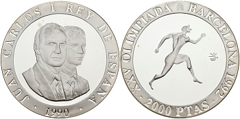 Испания 2000 песет 1990 XXV летние Олимпийские игры 1992 года в Барселоне, бег KM 864 серебро PROOF 1091-9-13