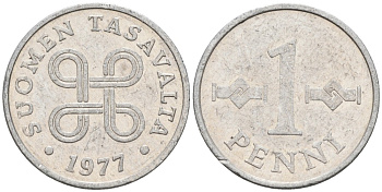 Финляндия 1 пенни 1977 KM 44а алюминий 192-1265
