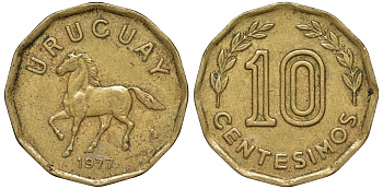 Уругвай 10 сентесимо 1977 KM 66 алюминиевая бронза 4164-757