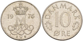 Дания 10 эре 1976 S; B, Маргрете II (1972- ) KM 860.1 медно-никель 4564-1232
