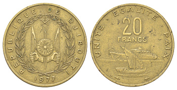 Джибути 20 франков 1977 KM 24 медь алюминий никель 4622-1257
