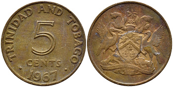 Тринидад и Тобаго 5 центов 1967 герб KM 2 бронза 4396-1057