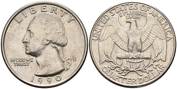 США 25 центов = квотер 1990 D, Вашингтон KM A164a медь плакированная медно-никелем 4584-1253