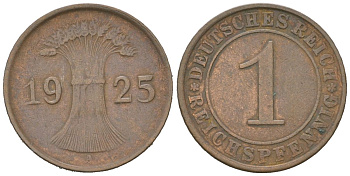 Германия 1 рейхспфенниг 1925 A KM 37, J. 313 бронза 3955-1118