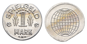 Германия игровой жетон в 1 марку ND разновидность - Глобус, вес 0,8 гр, диаметр 20 мм алюминий UNC 4636-967