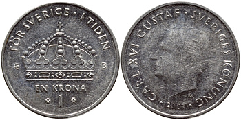 Швеция 1 крона 2001 Карл XVI Густав (1973- ) KM 894 медно-никель 4364-2921