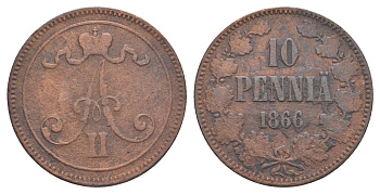 Россия для Финляндии 10 пенни 1866 Александр II (1855-1881) Биткин 652 медь 4634-724