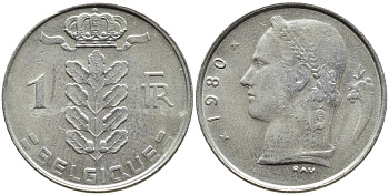 БЕЛЬГИЯ 1 ФРАНК 1980 BELGIQUE KM 142.1 медно-никель 3999-517