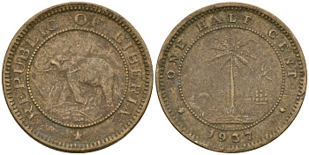 Либерия 1/2 цента 1937 KM 10 латунь 4174-357