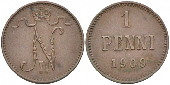 Россия для Финляндии 1 пенни 1909 Николай II (1894-1917) KM 13, Биткин 470 медь 4396-1321