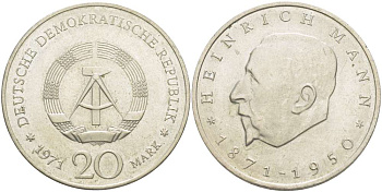 ГДР 20 марок 1971 А, 100 лет со дня рождения Генриха Манна (1871-1950) KM 33, J. 1531 медно-никель 4521-546