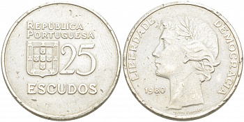 Португалия 25 эскудо 1980 первый год KM 607а медно-никель 4403-841