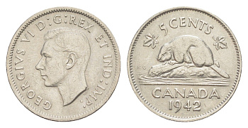Канада 5 центов 1942 Георг VI (1936-1952), бобр KM 33 никель 4639-424