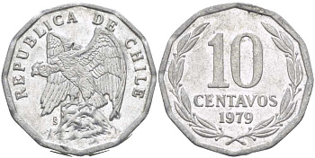 Чили 10 сентаво 1979 KM 205a алюминий 4402-425