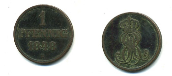 Ганновер 1 пфенниг 1848 B, Эрнст Август (1837-1851) KM 201.1, AKS 129, J. 74 медь 36-1116